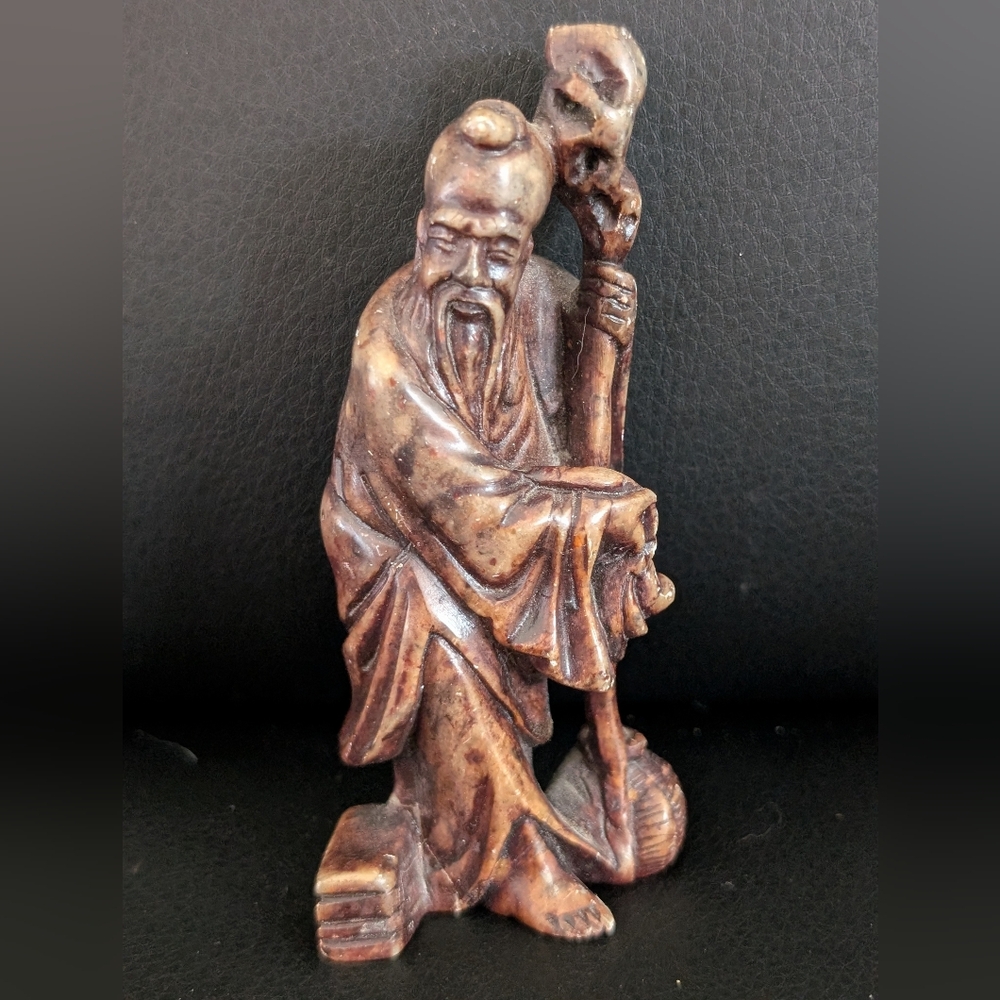 Vintage Root Hand Carved Wooden Oriental Asian Bearded Old Man w/Staff